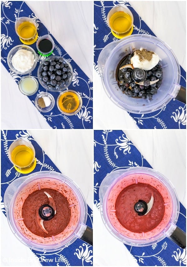 Collage of four photos showing how to make Blueberry Balsamic Salad Dressing