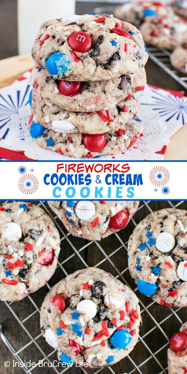 Two pictures of Fireworks Cookies and Cream collaged together with a white text box