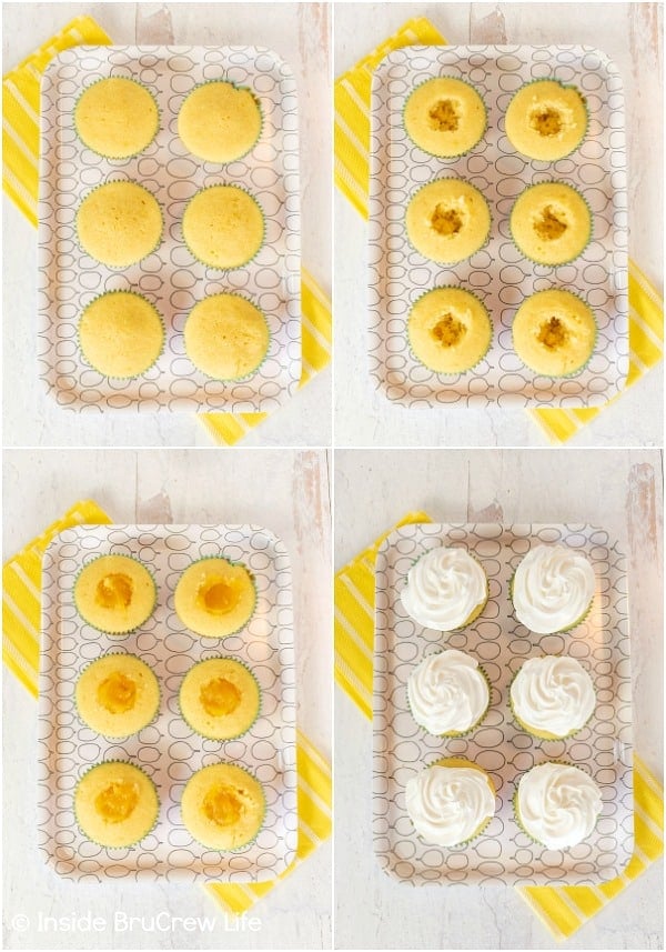 Four pictures of lemon meringue cupcakes collaged together showing the process of removing and filling the centers