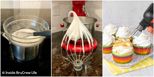 Three pictures together showing how to make and beat Fluffy Meringue Frosting and add it to cupcakes