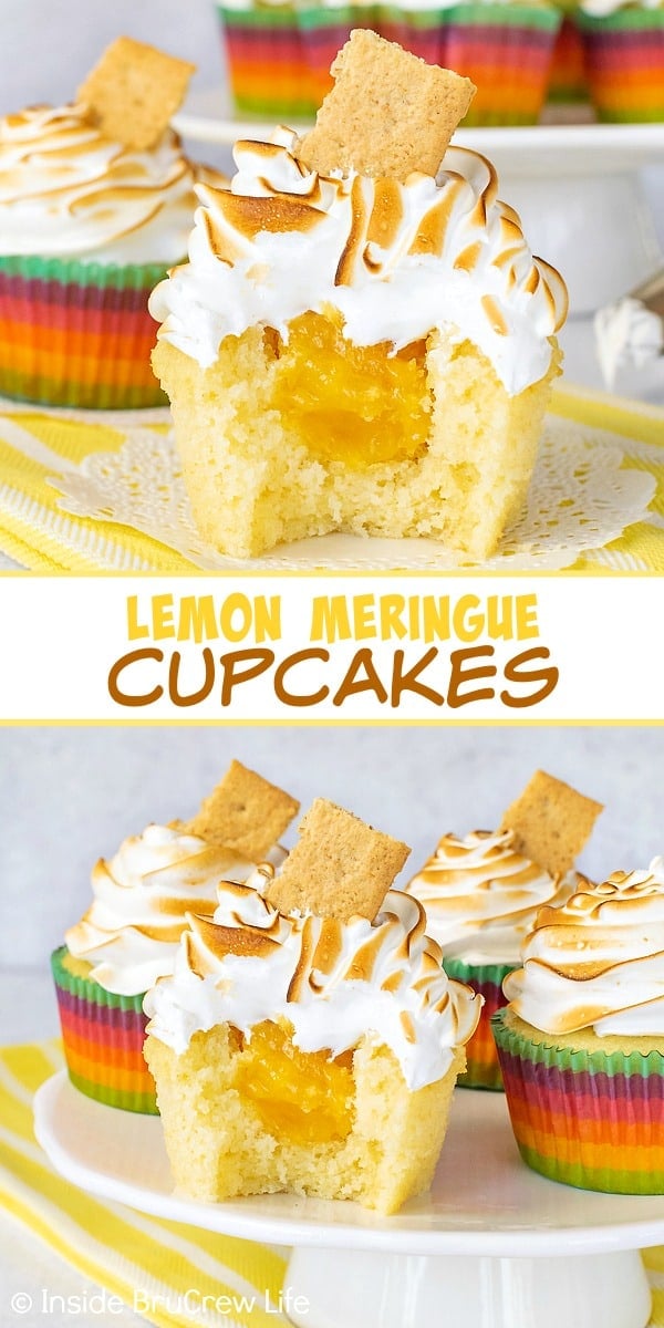 Two pictures of lemon meringue cupcakes collaged together with a white text box