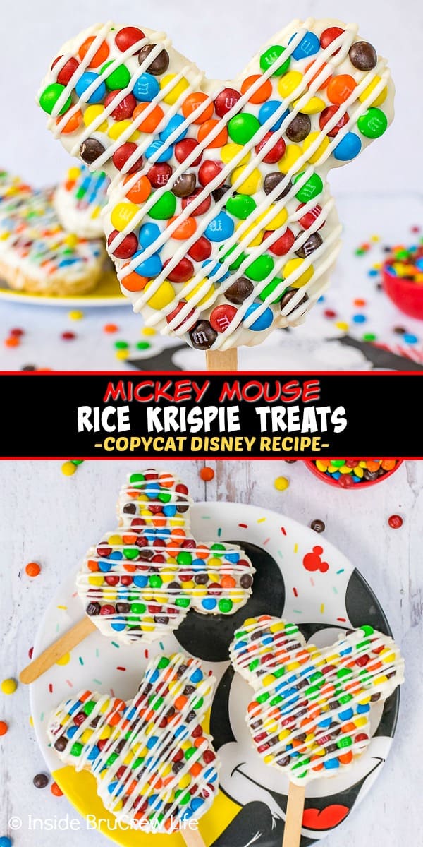 Two pictures of M&M's Mickey Mouse Rice Krispie Treats collaged together with a black text box