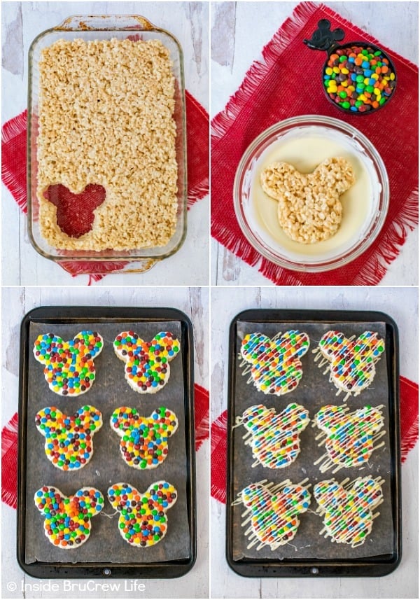 A collage of four photos showing how to cut Mickey Mouse rice krispie treats and decorate them with chocolate and candies