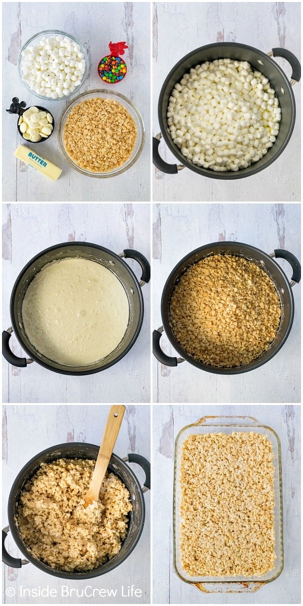 A collage of 6 photos showing the stages of making rice krispie treats