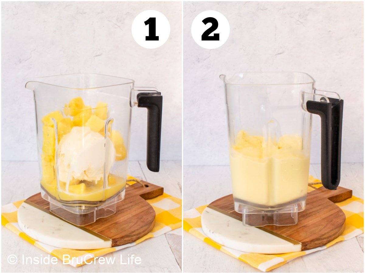 Two pictures collaged together showing how to use a blender to pulse ice cream and pineapple.