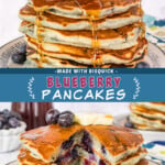 Two pictures of bisquick blueberry pancakes collaged with a blue text box.