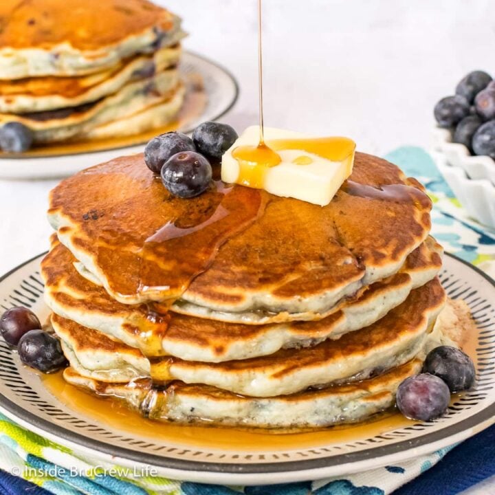 A stack of bisquick pancakes on a plate.