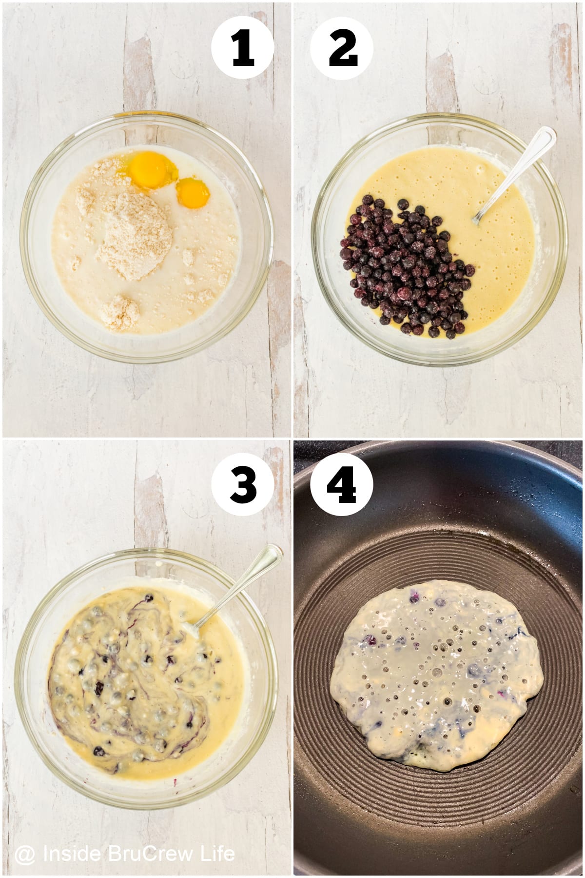 Four pictures collaged together showing how to make blueberry pancakes from a mix.