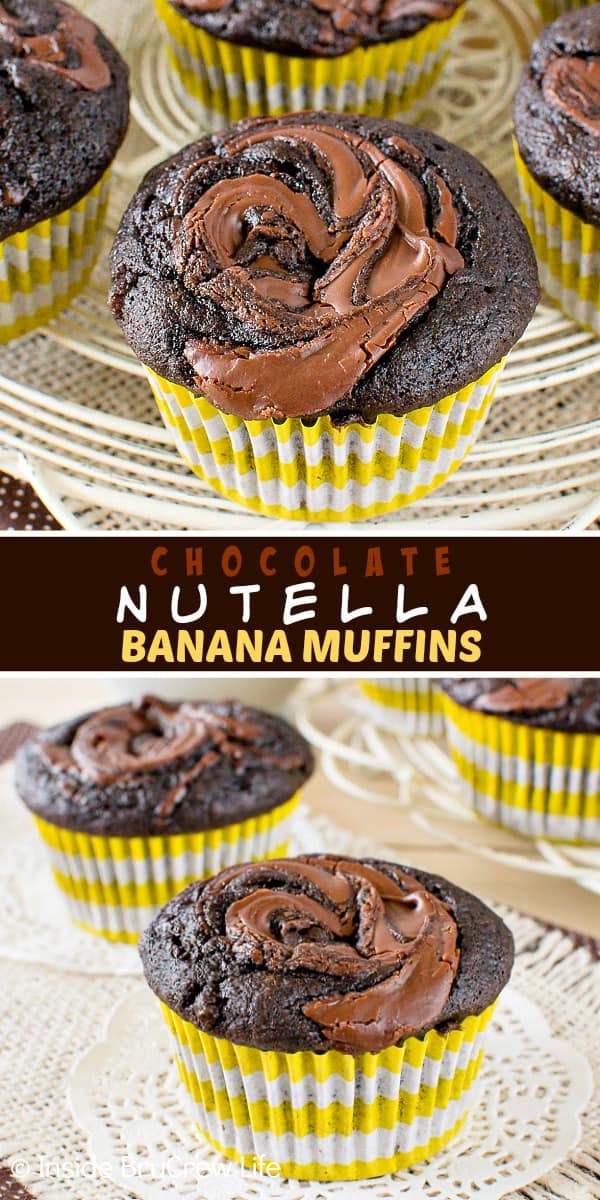 Two pictures of Chocolate Nutella Banana Muffins collaged together with a dark brown text box