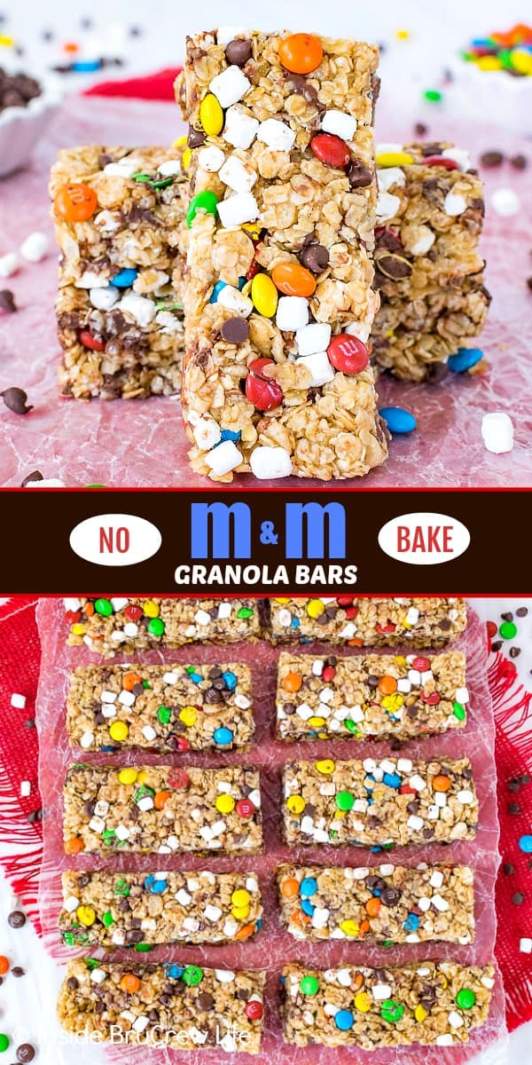 Two pictures of no bake M&M granola bars collaged together with a brown text box.