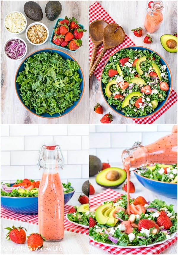 Four pictures of strawberry avocado kale salad collaged together