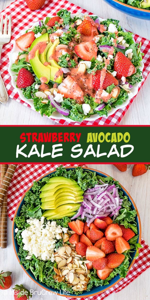 Two pictures of strawberry avocado kale salad collaged together with a green text box