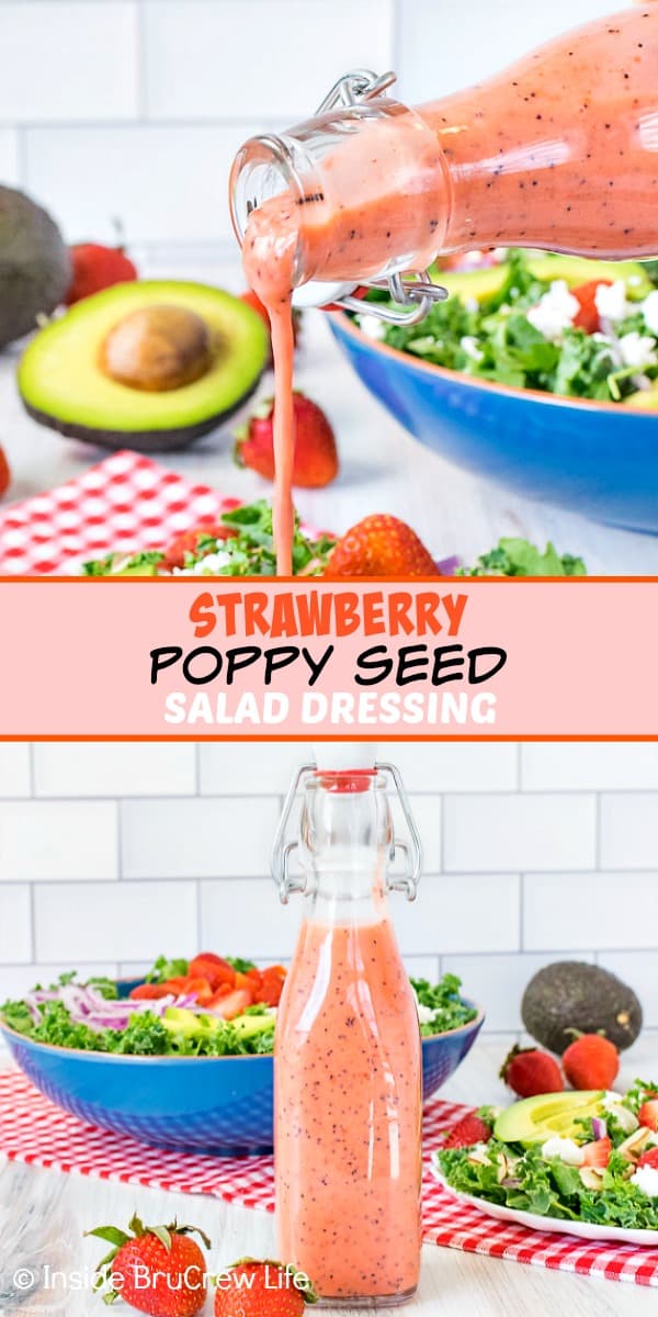 Two pictures of strawberry poppy seed salad dressing collaged together with a pink text box