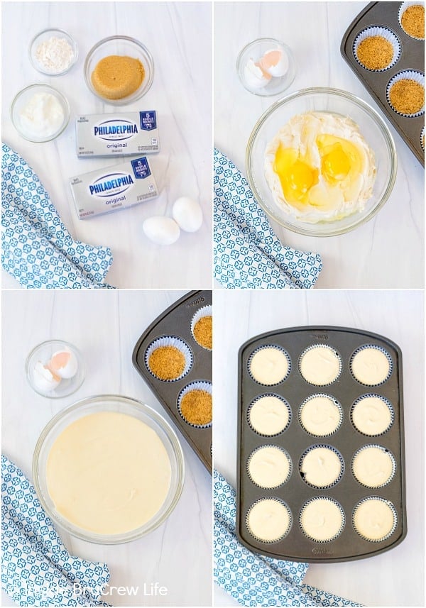 Four pictures collaged together showing how to make cheesecake cupcakes