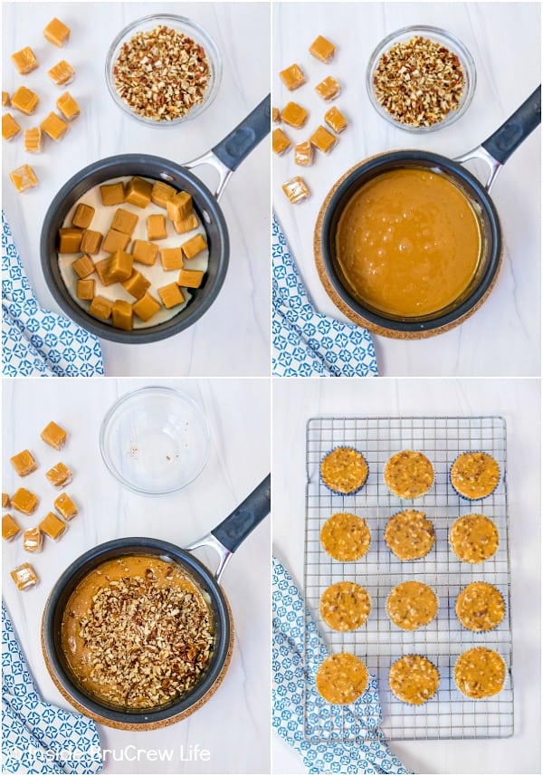 Four pictures collaged together showing how to make caramel pecan topping
