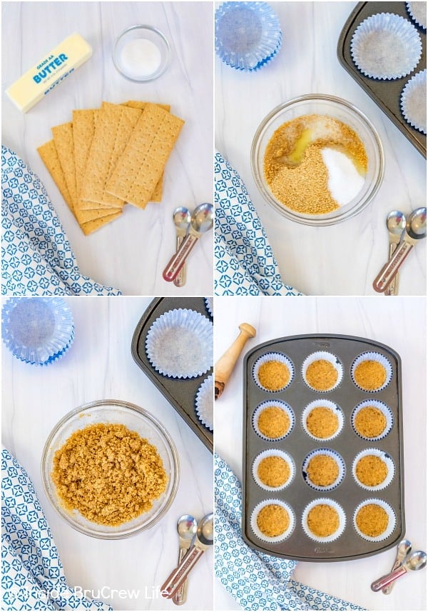 Four pictures collaged together showing how to make mini cheesecake crusts