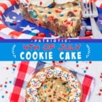 Two pictures of a 4th of July cookie cake collaged with a blue text box.