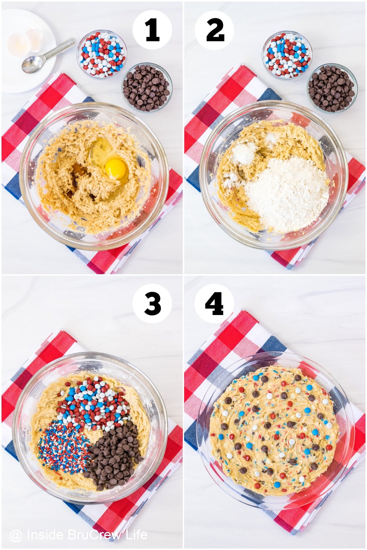 Four pictures collaged together showing how to make a chocolate chip cookie cake.