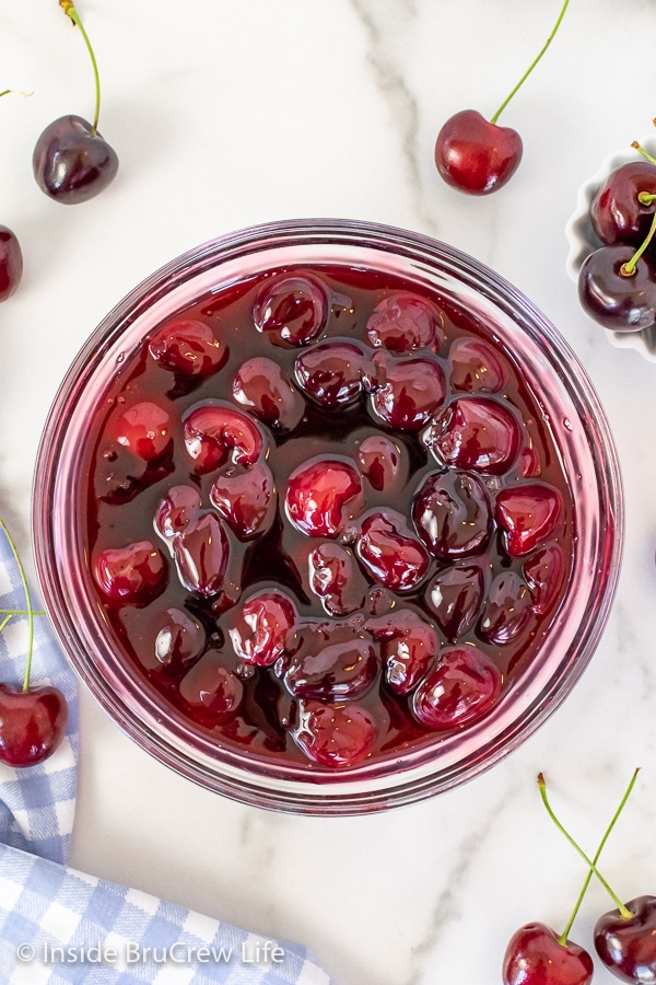 Overhead picture of a bowl of cherry pie filling.