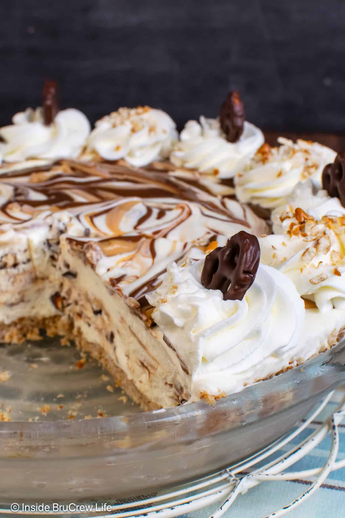 A Chubby Hubby ice cream pie with a slice missing from the plate.