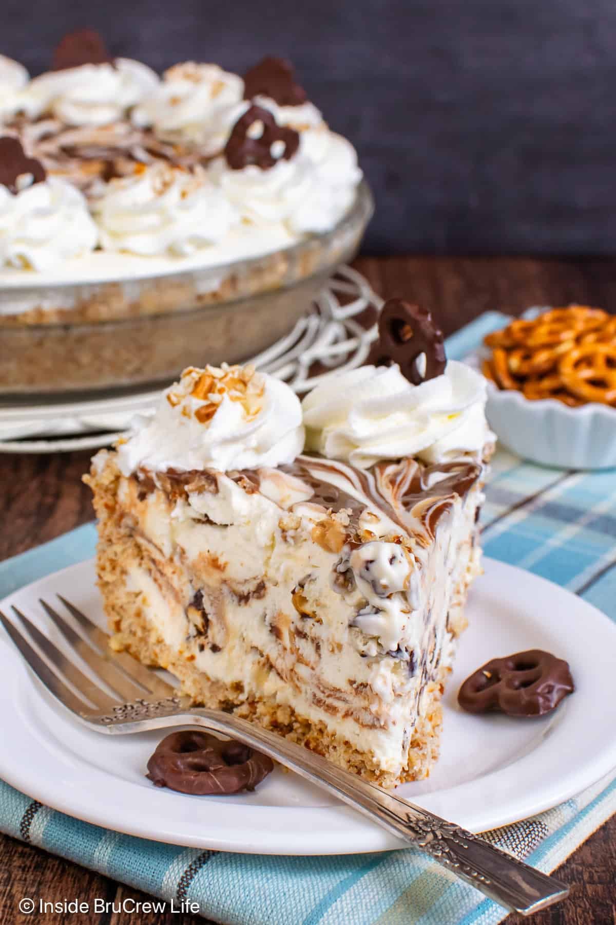 A slice of Chubby Hubby ice cream pie on a white plate.