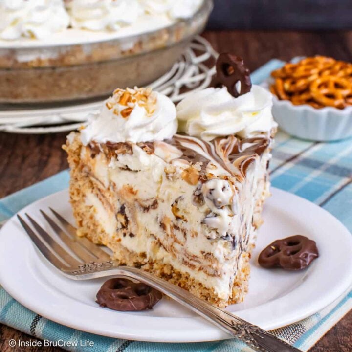 A slice of Chubby Hubby ice cream pie on a white plate.