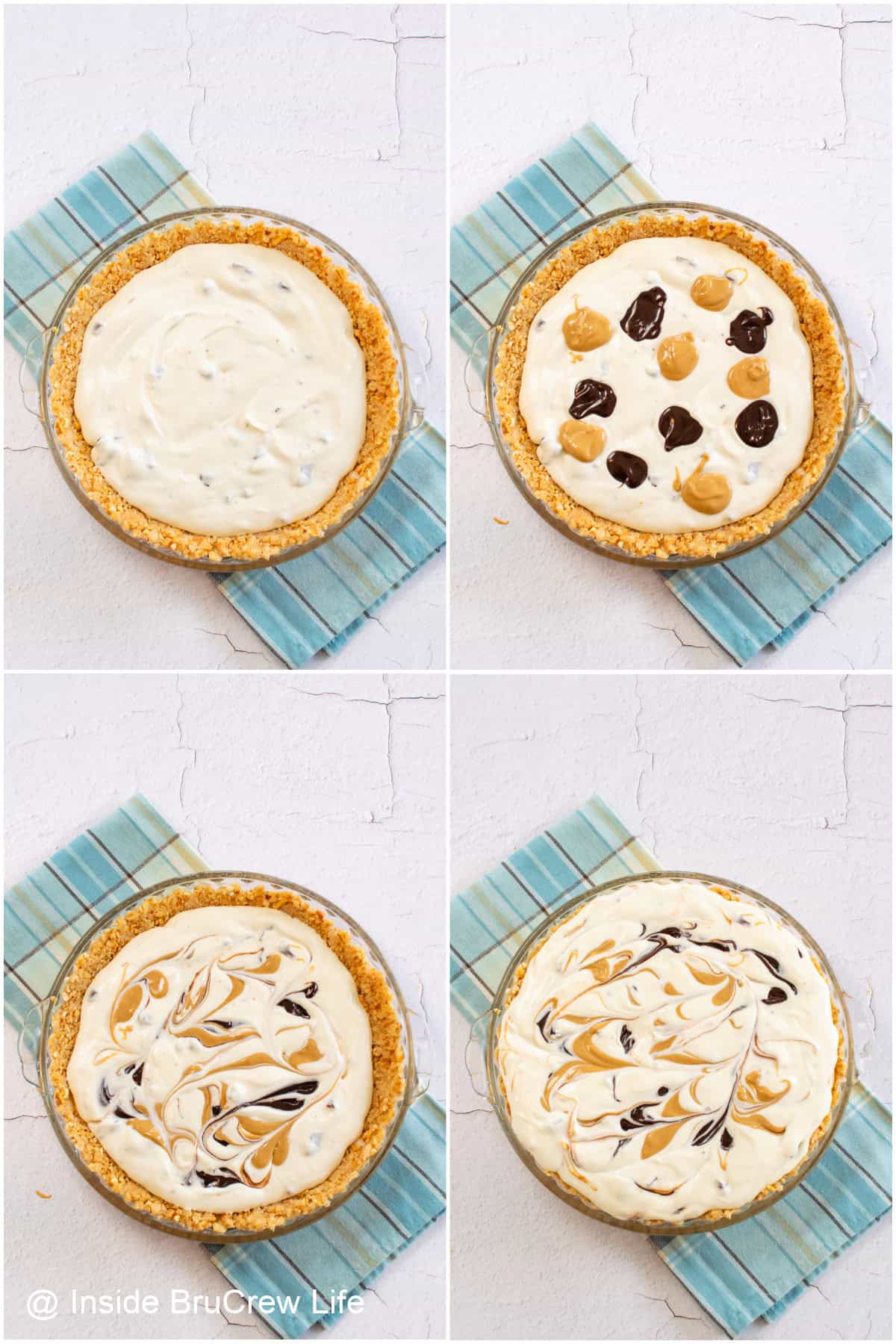 Step by step photos showing how to swirl a Chubby Hubby ice cream pie.