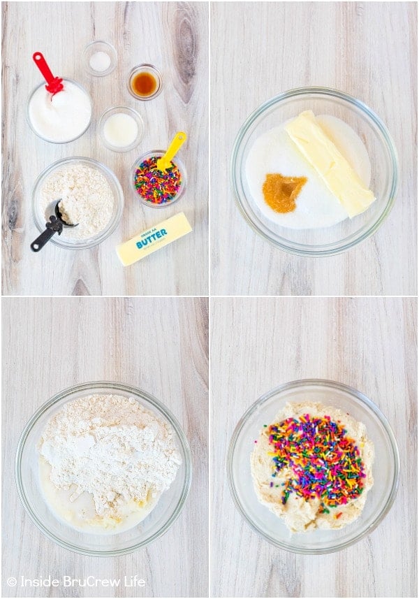 Four pictures collaged together showing how to make cookie dough loaded with sprinkles.