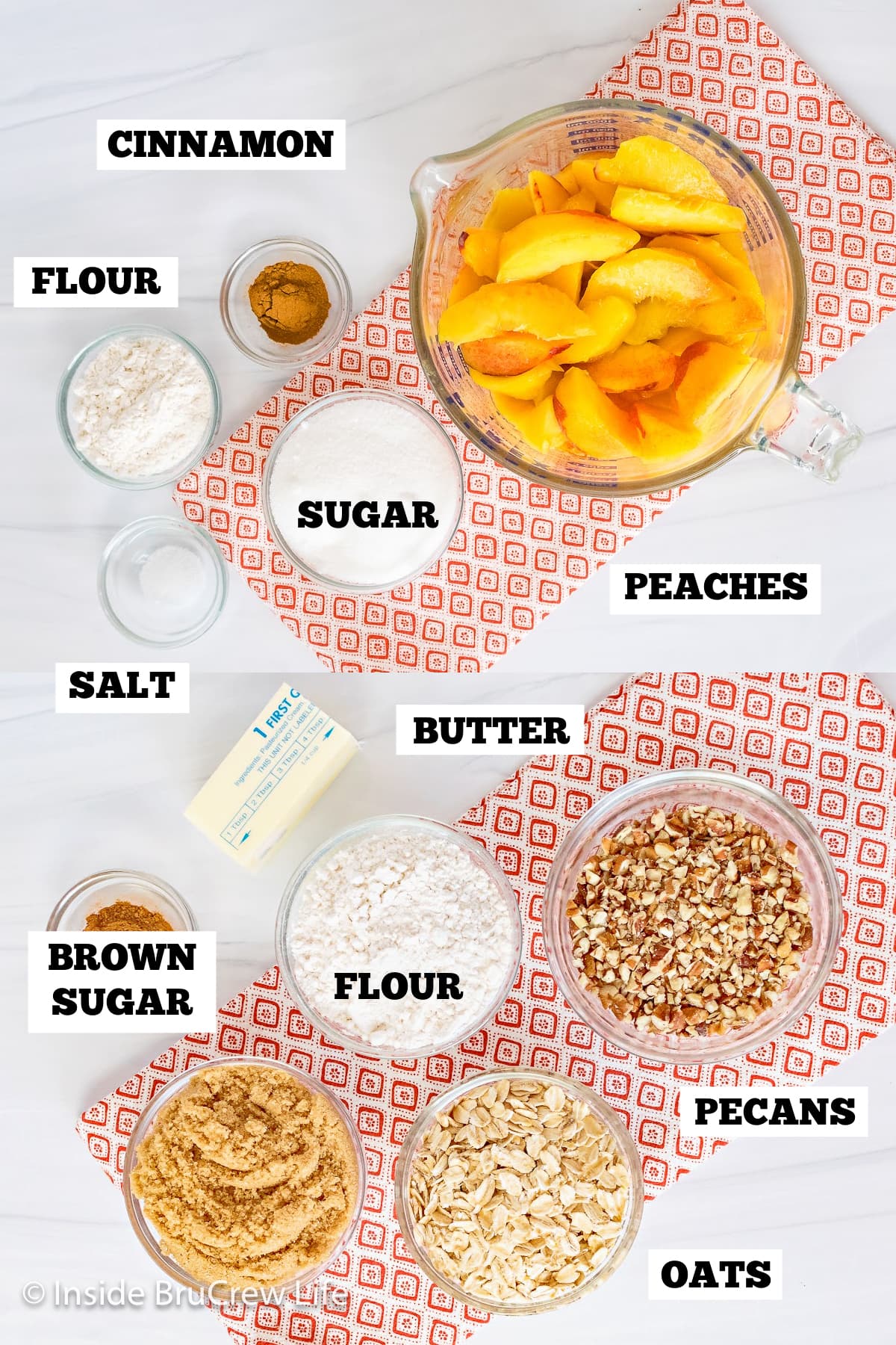Bowls of ingredients needed to make a fruit bake.