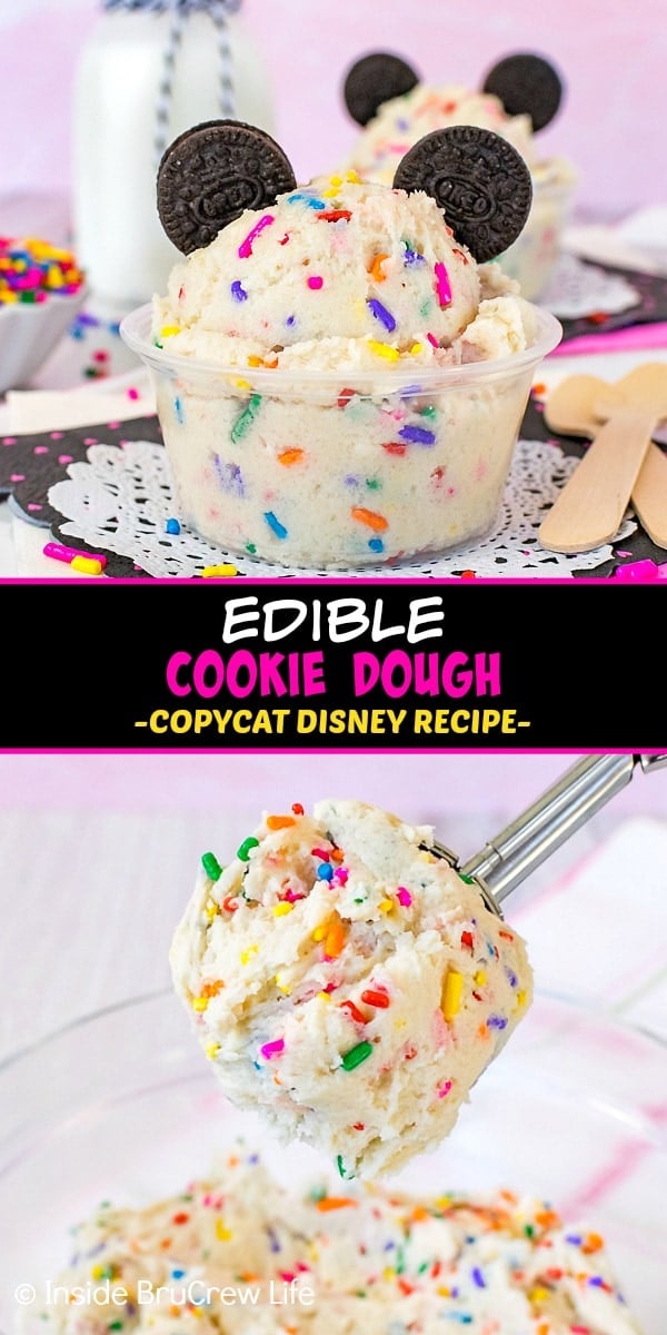 Two pictures of edible cookie dough collaged together with a black text box.