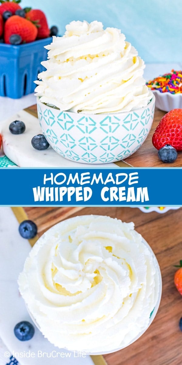 Two pictures of homemade whipped cream collaged together with a blue text box