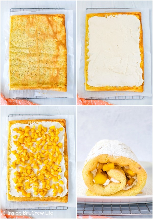 Four pictures collaged together showing how to fill and roll a peaches and cream cake roll