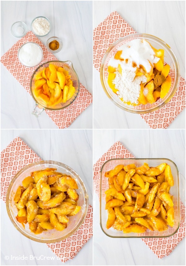 Four pictures collaged together showing how to make the filling for peach crisp