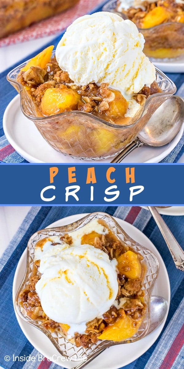 Two pictures of peach crisp collaged together with a blue text box