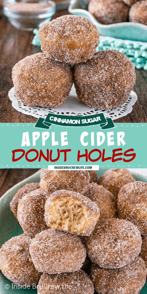 Two pictures of apple cider donuts collaged together with a green text box.