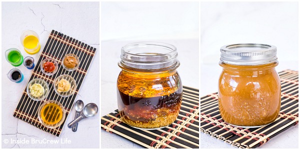 Three photos collaged together showing how to make Asian Salad Dressing.