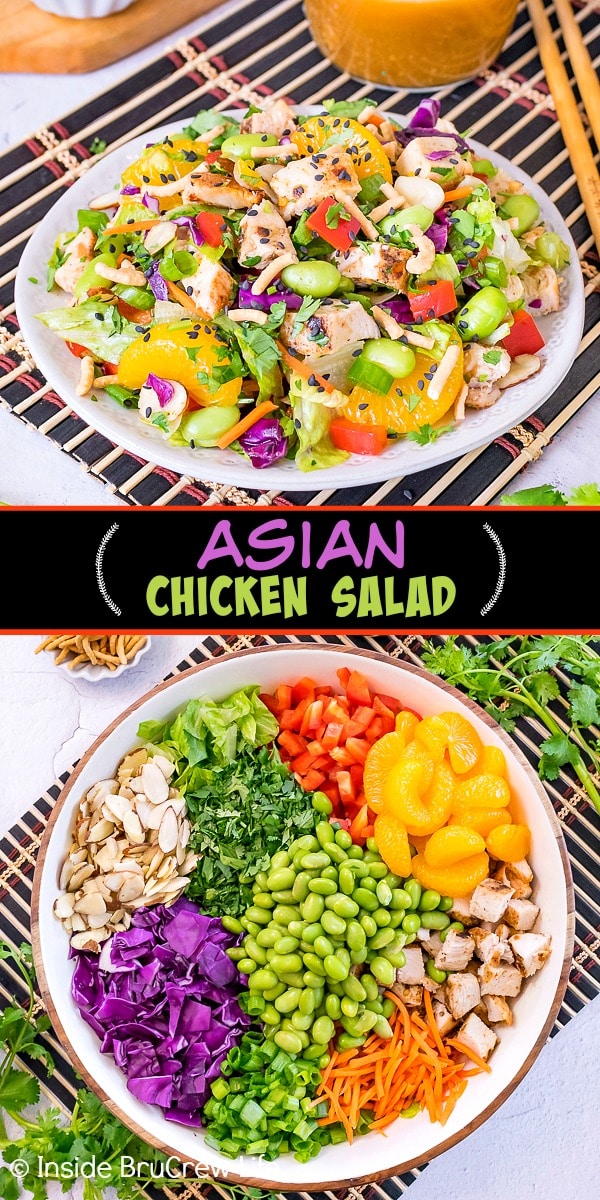 Two photos of Asian Chicken Salad collaged together with a black text box