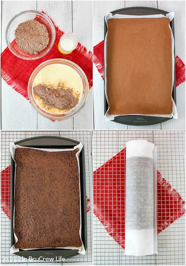 Four pictures collaged together showing how to make a chocolate cake roll