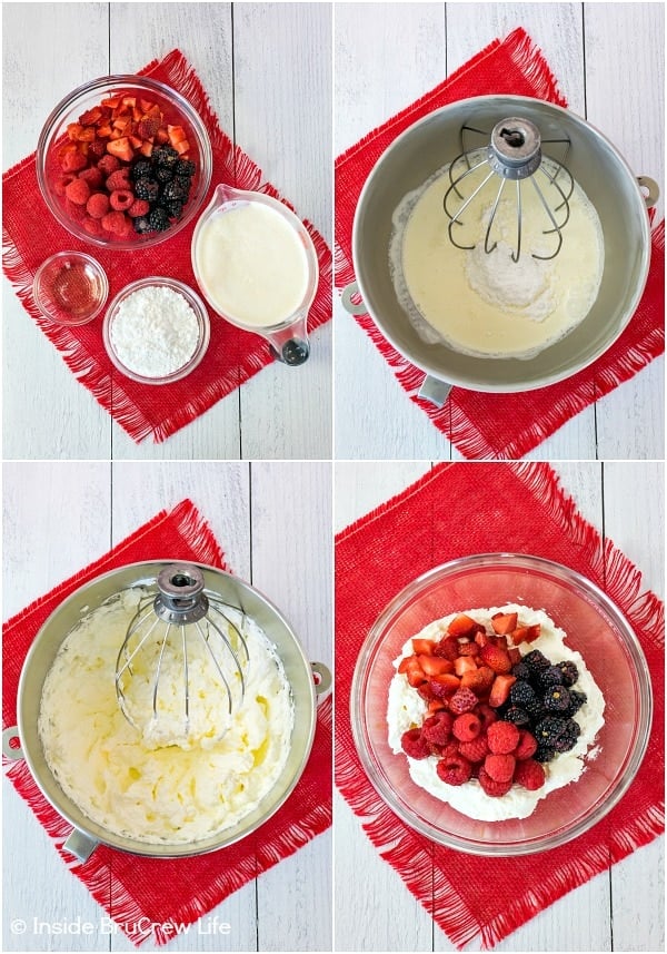 Four pictures showing how to make a homemade whipped cream with berries for inside a chocolate cake roll