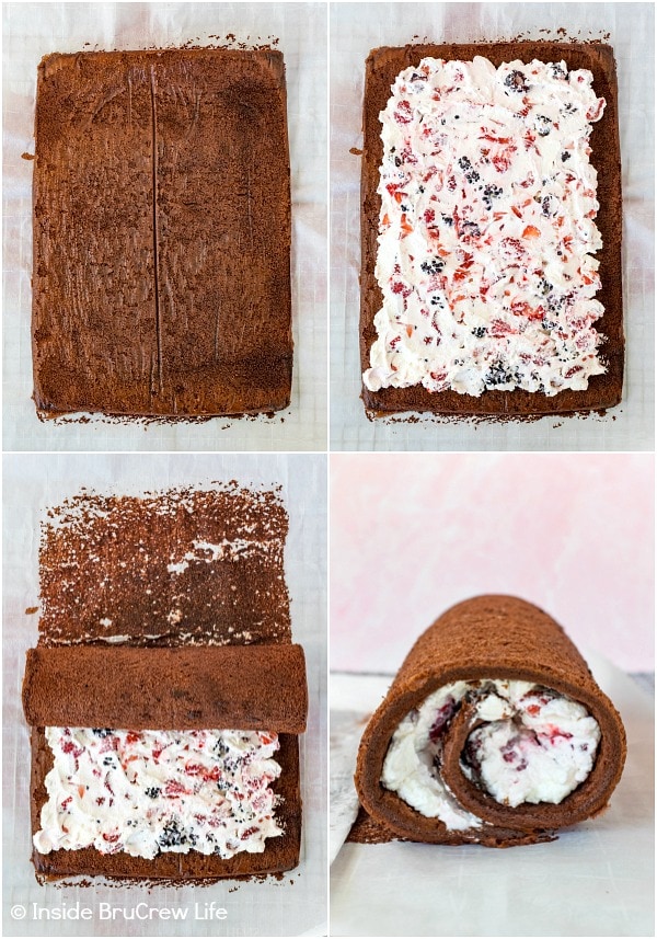 Four pictures collaged together showing how to fill and roll a berries and cream chocolate cake roll