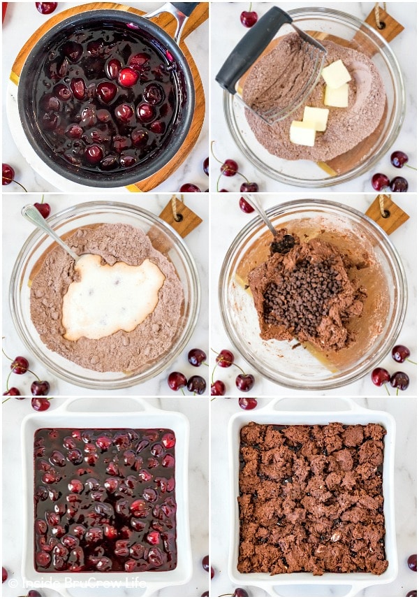 Six pictures collaged together showing how to make a chocolate cherry cobbler