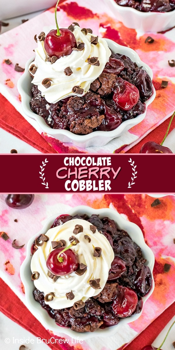 Two pictures of Chocolate Cherry Cobbler collaged together with a burgundy text box
