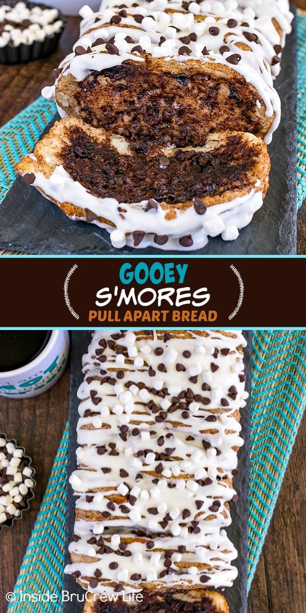 Two pictures of gooey s'mores pull apart bread collaged together with a brown text box