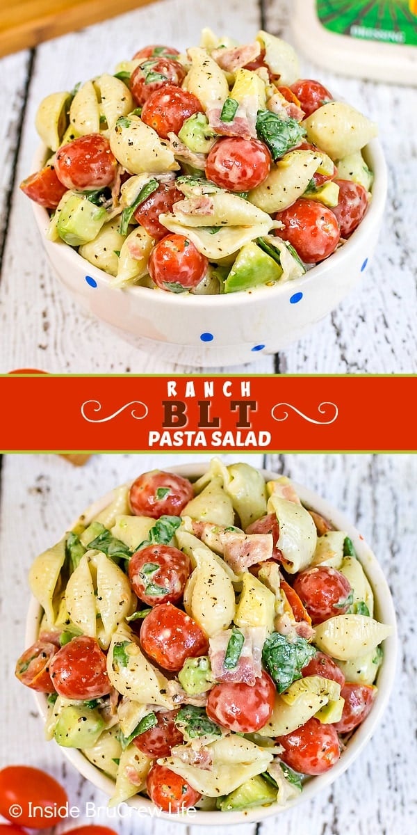 Two pictures of ranch BLT pasta salad collaged together with a red text box