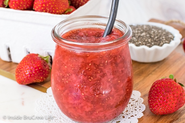 Clear jar filled with strawberry chia jam