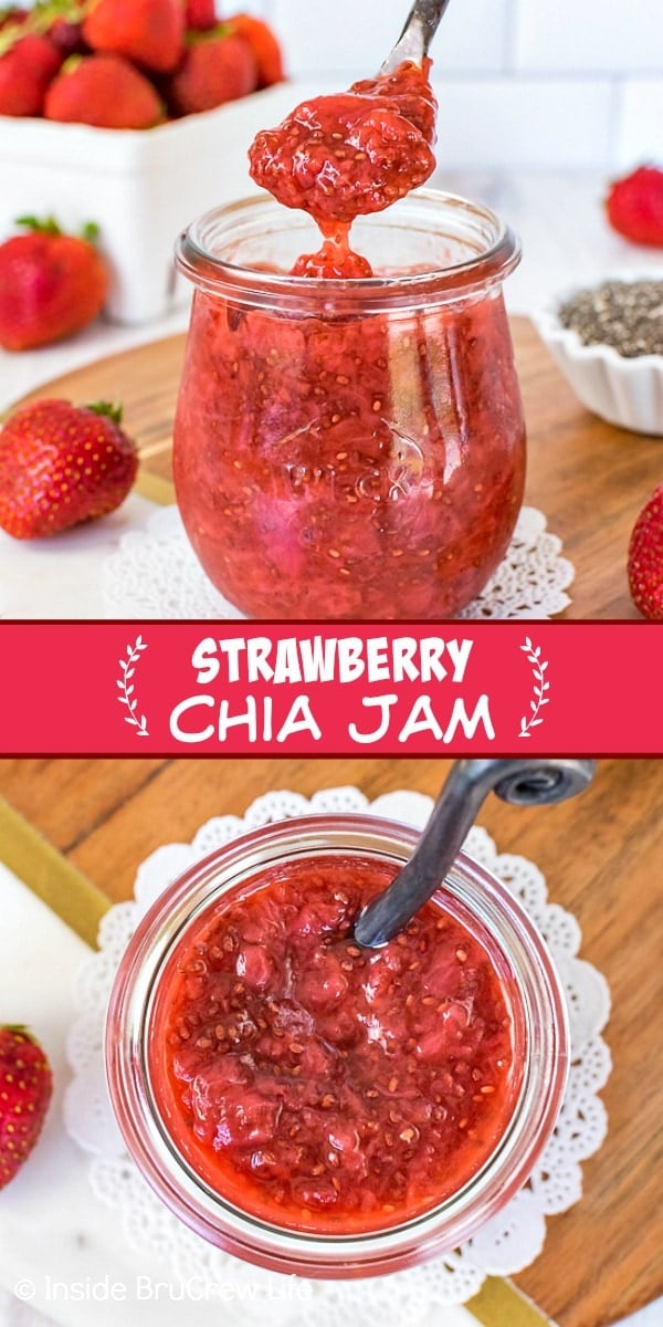 Two pictures of strawberry chia jam collaged together with a red text box
