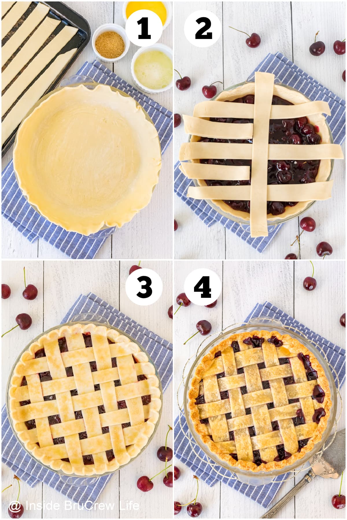 Four pictures collaged together showing how to assemble a cherry pie with lattice crust.