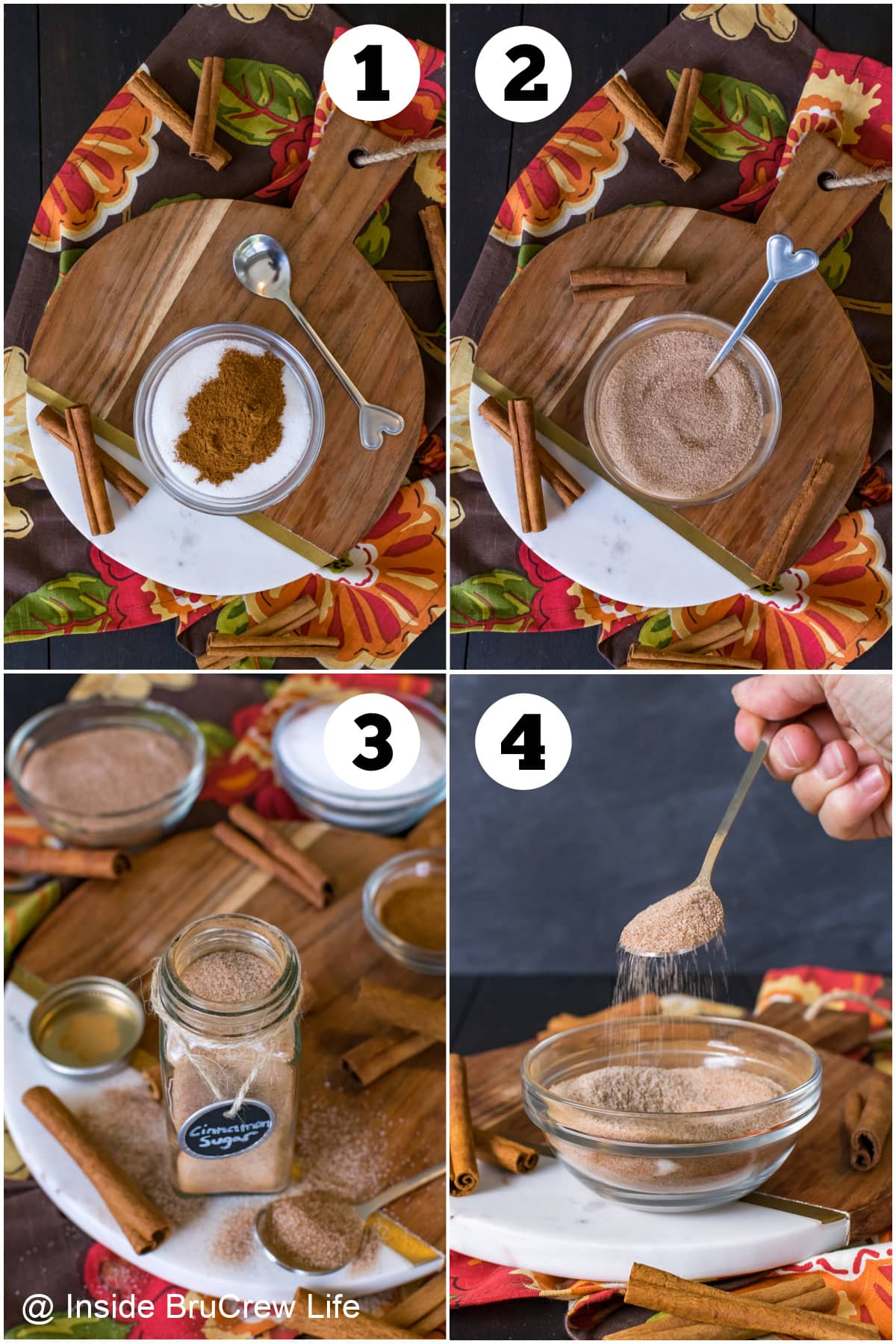 Four pictures collaged together showing how to make a cinnamon sugar mix at home.