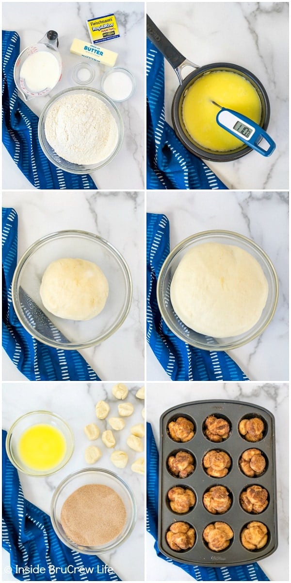 Six pictures collaged together showing how to make monkey bread muffins