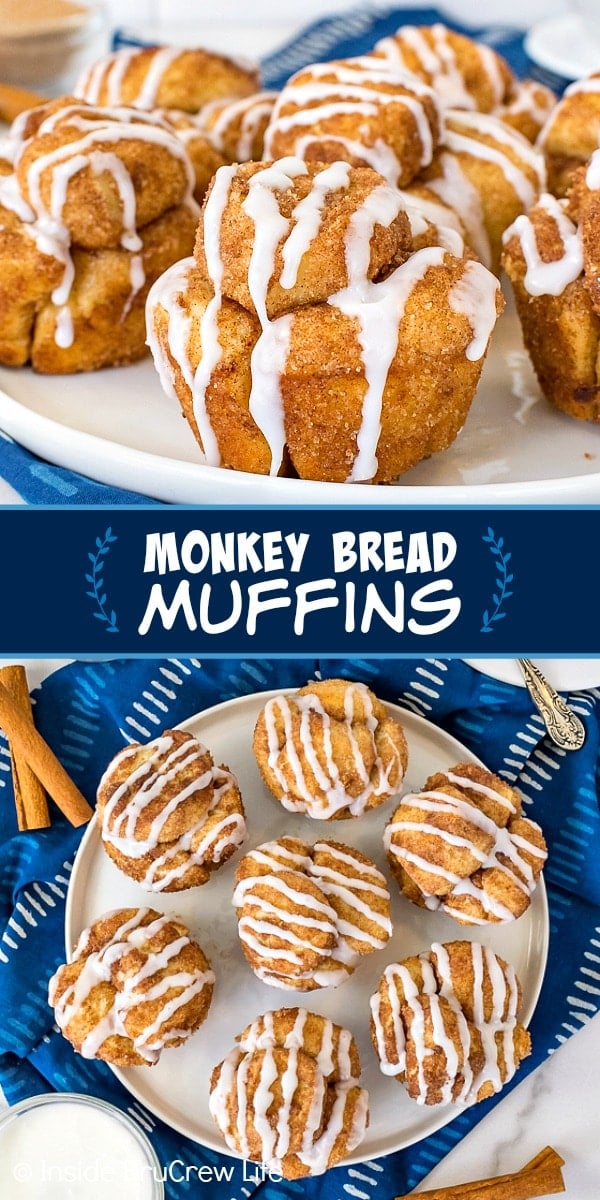 Two pictures of Monkey Bread Muffins collaged together with a blue text box